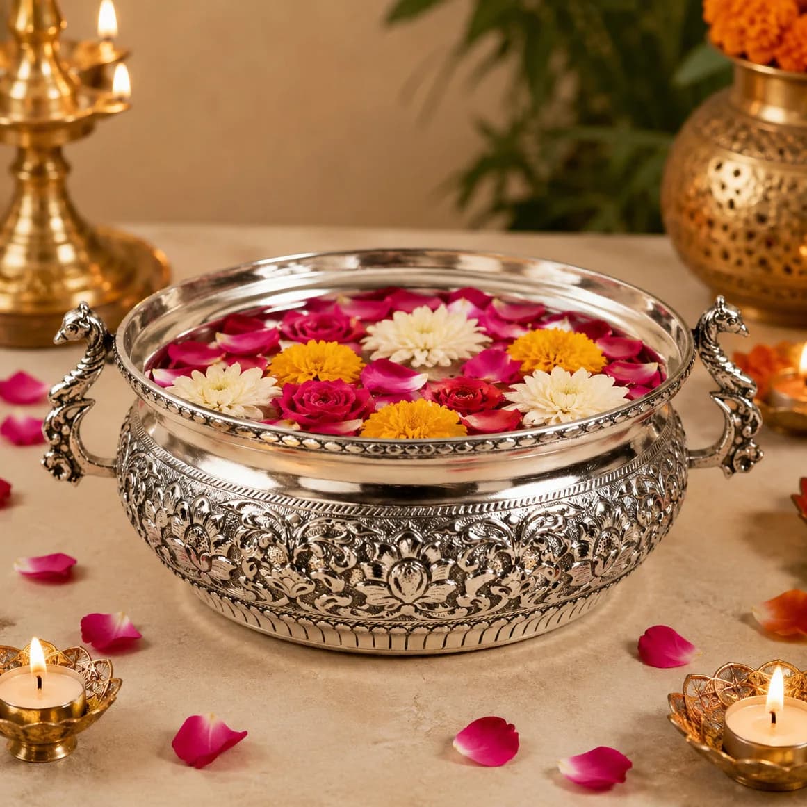 Handcrafted Decorative German Silver Peacock Urli Bowl — 7