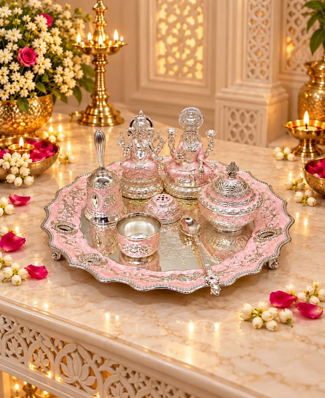 German Silver Lakshmi Ganesh Pooja Thali (Set of 6) – Lilac Pink Enamel — 3
