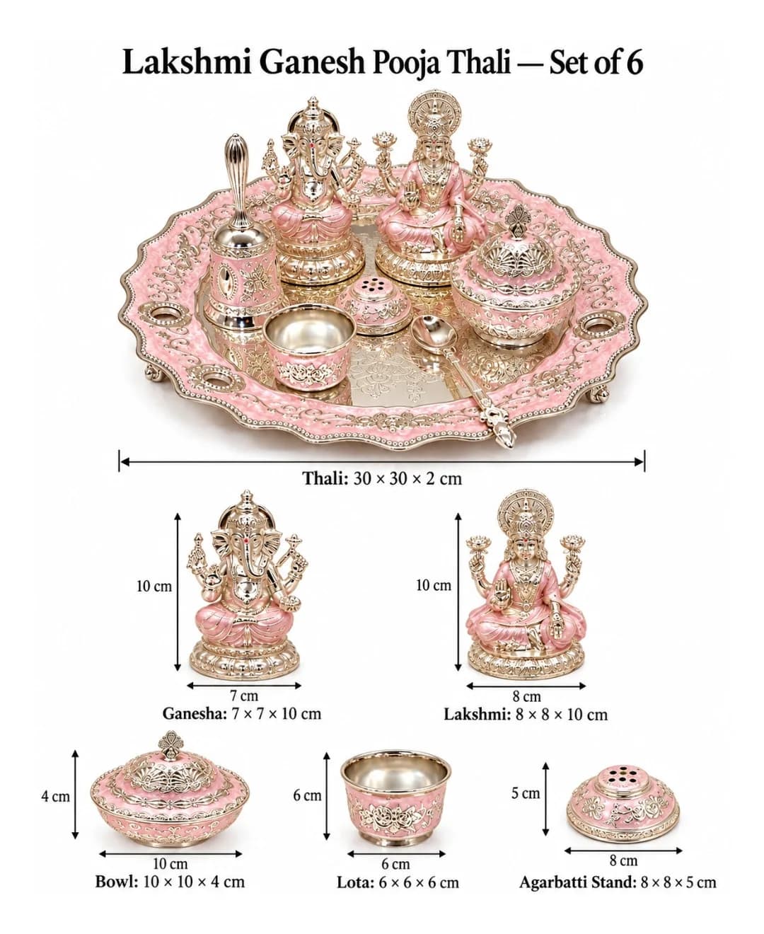 German Silver Lakshmi Ganesh Pooja Thali (Set of 6) – Lilac Pink Enamel — 2
