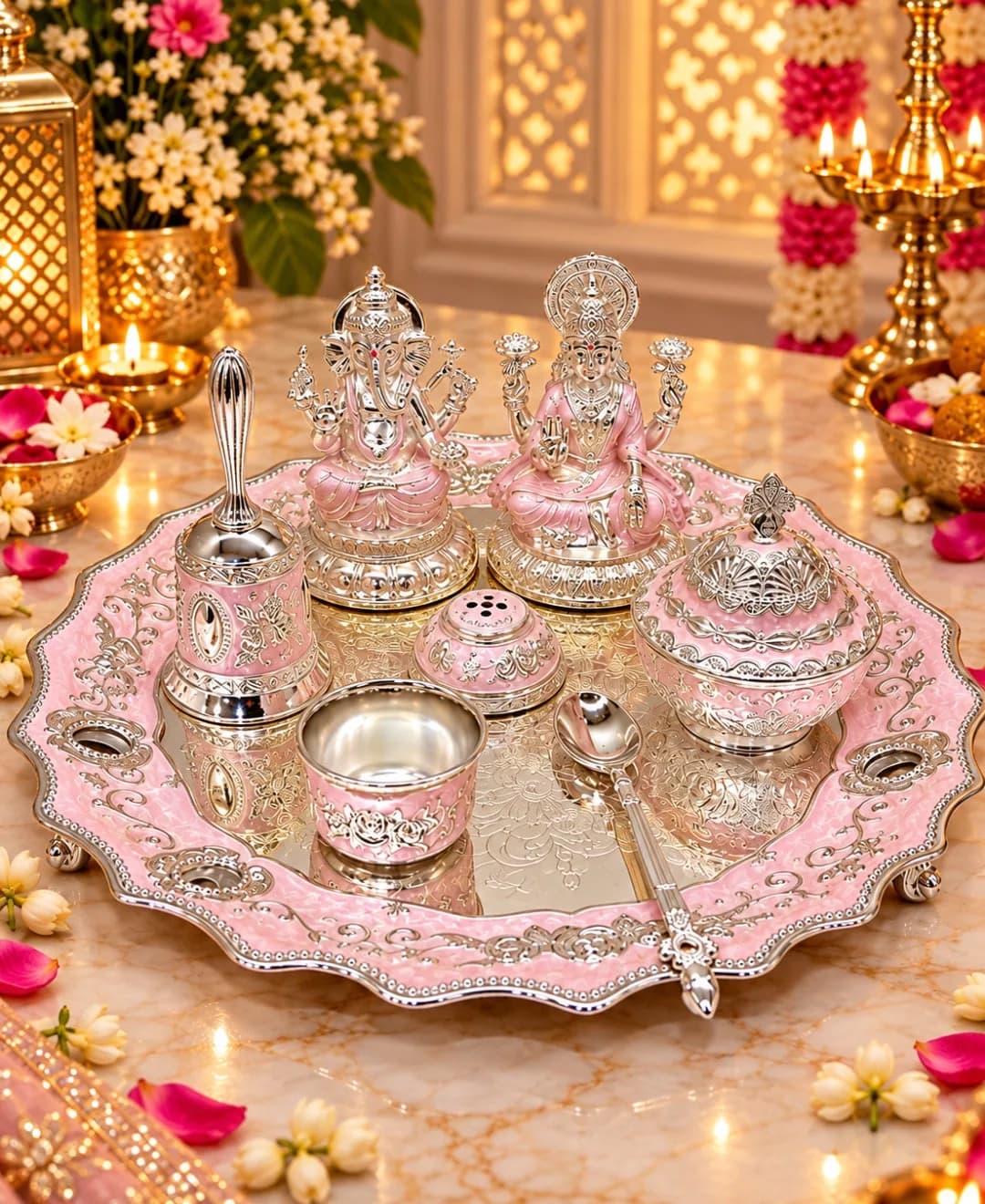 German Silver Lakshmi Ganesh Pooja Thali (Set of 6) – Lilac Pink Enamel — 1