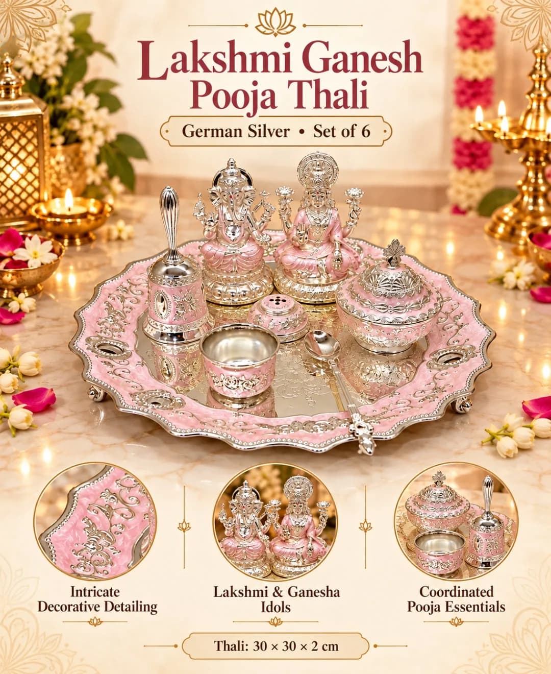 German Silver Lakshmi Ganesh Pooja Thali (Set of 6) – Lilac Pink Enamel — 4