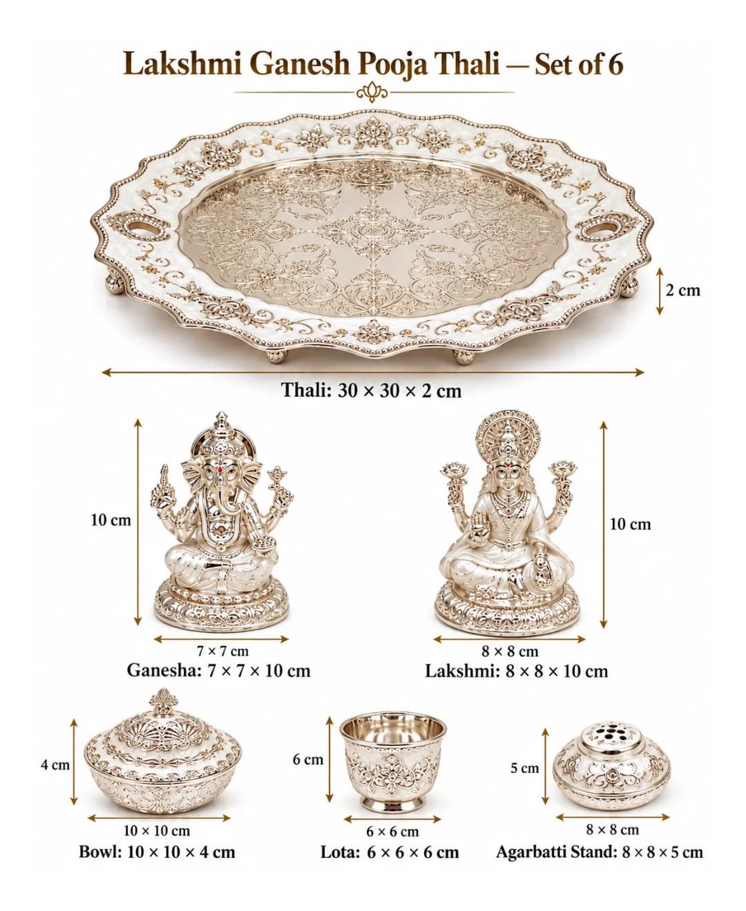 German Silver Lakshmi Ganesh Pooja Thali (Set of 6) – Pearl White Enamel — 2