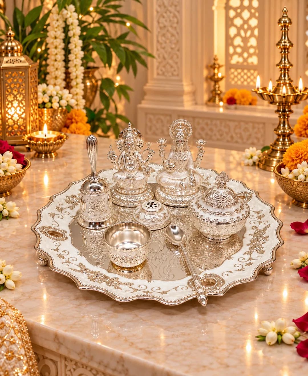 German Silver Lakshmi Ganesh Pooja Thali (Set of 6) – Pearl White Enamel — 4