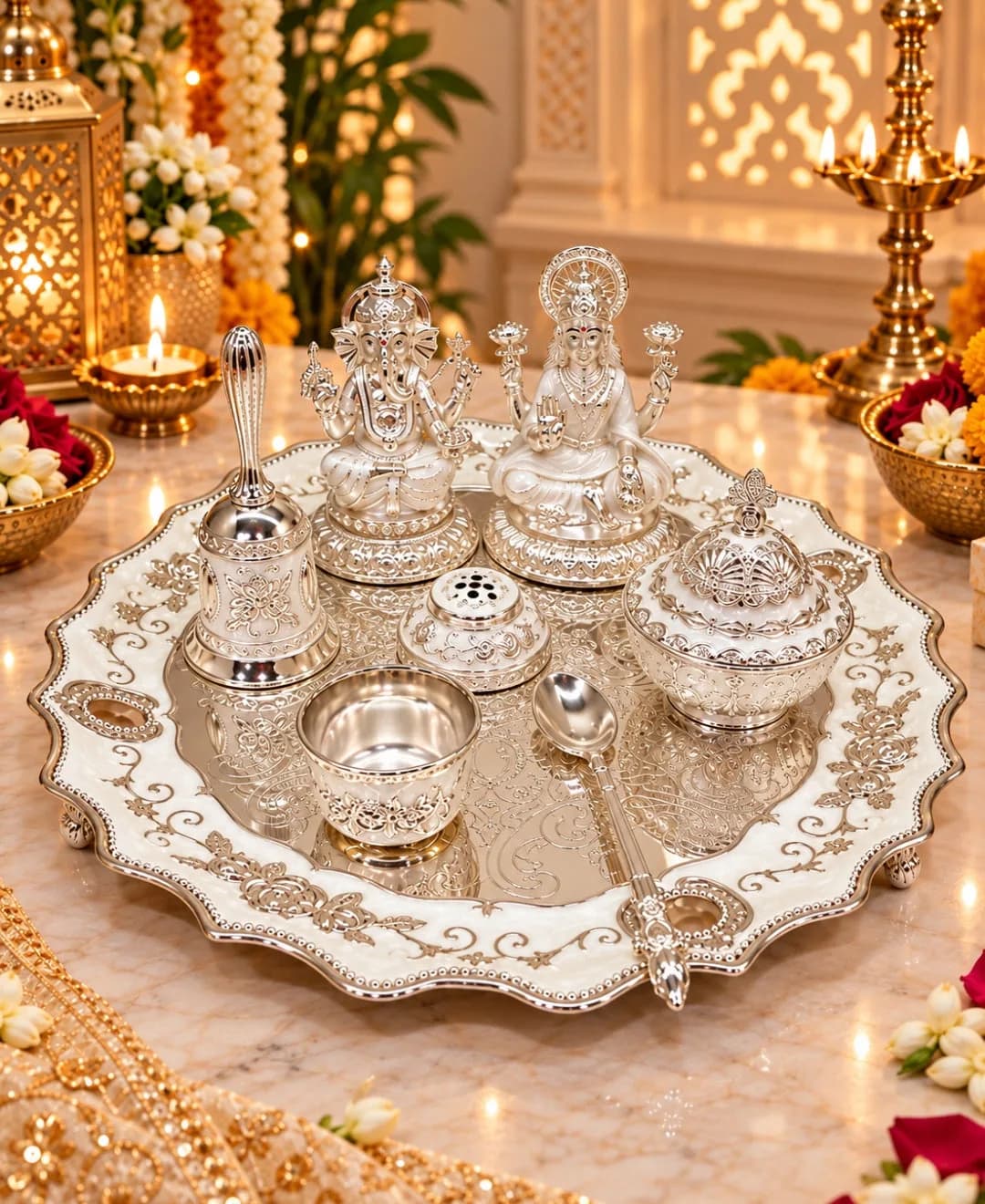 German Silver Lakshmi Ganesh Pooja Thali (Set of 6) – Pearl White Enamel — 1