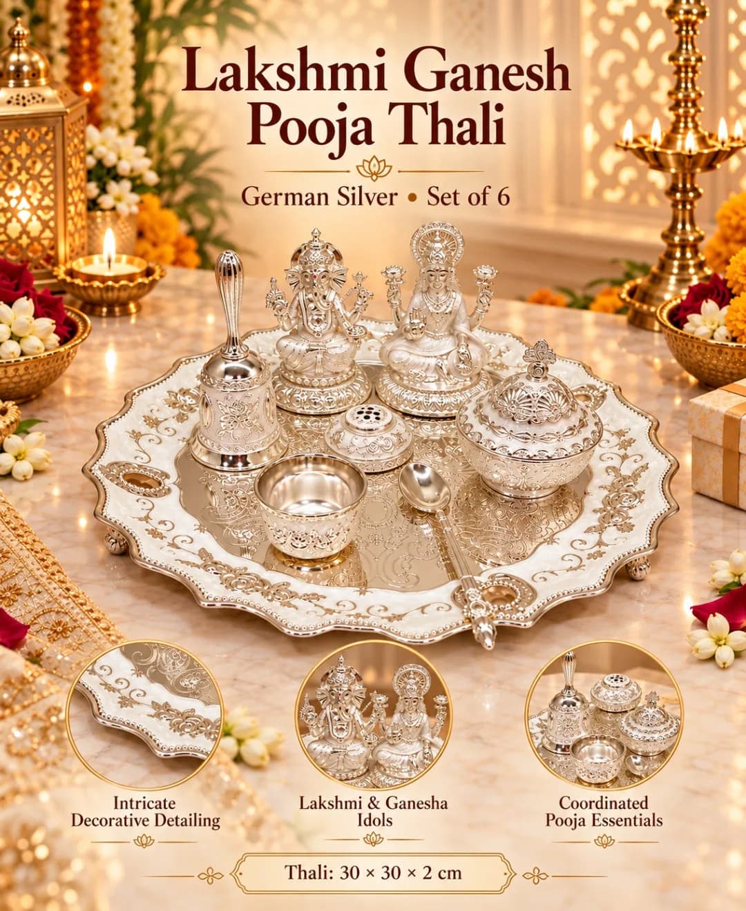 German Silver Lakshmi Ganesh Pooja Thali (Set of 6) – Pearl White Enamel — 3