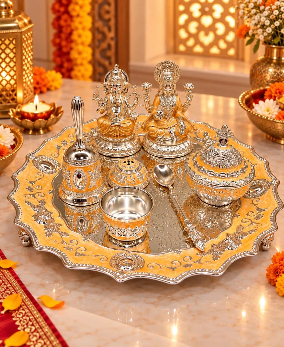 German Silver Lakshmi Ganesh Pooja Thali (Set of 6) – Pearl Orange Enamel — 1
