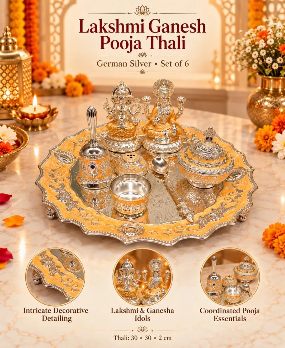 German Silver Lakshmi Ganesh Pooja Thali (Set of 6) – Pearl Orange Enamel — 2