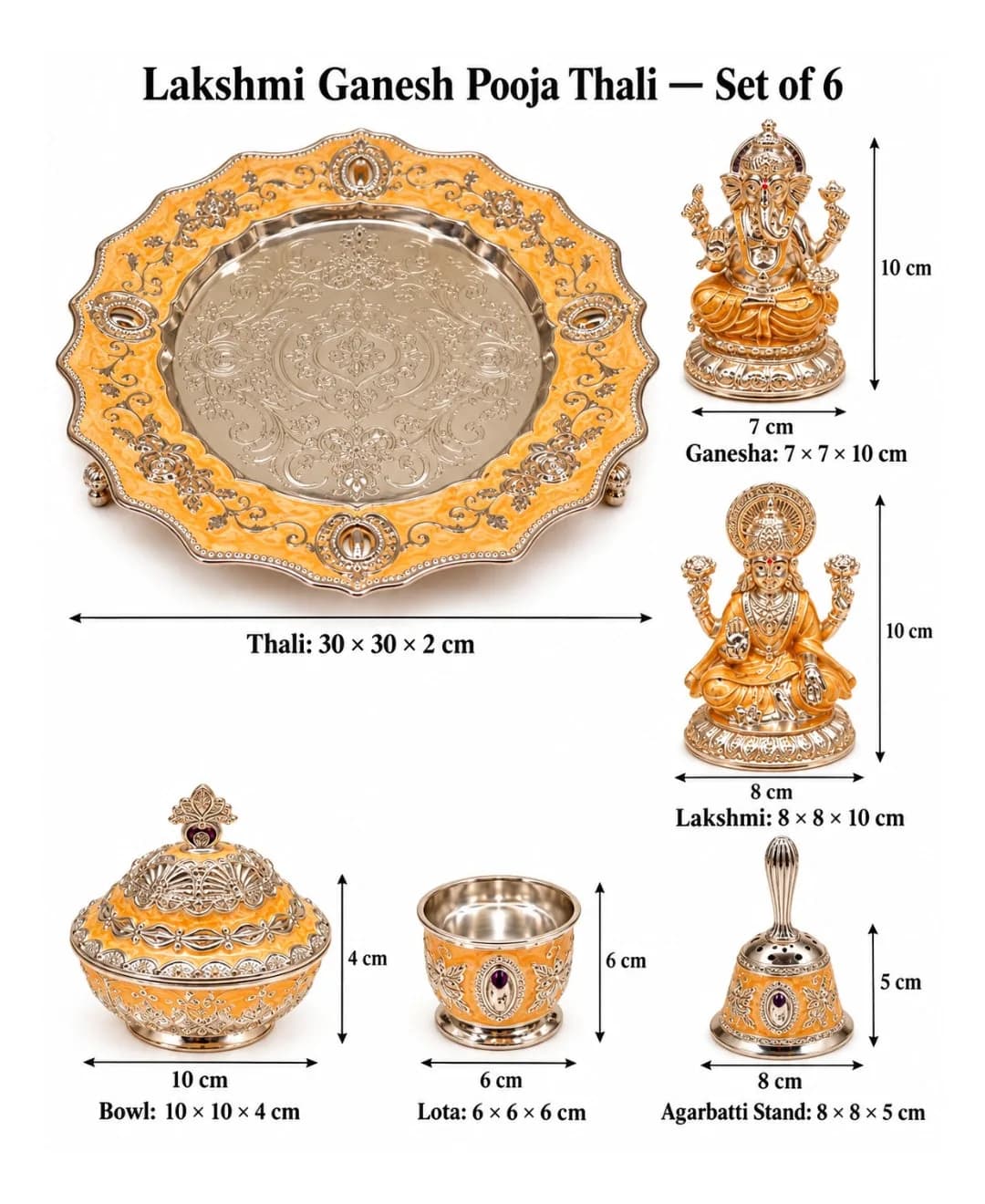 German Silver Lakshmi Ganesh Pooja Thali (Set of 6) – Pearl Orange Enamel — 4