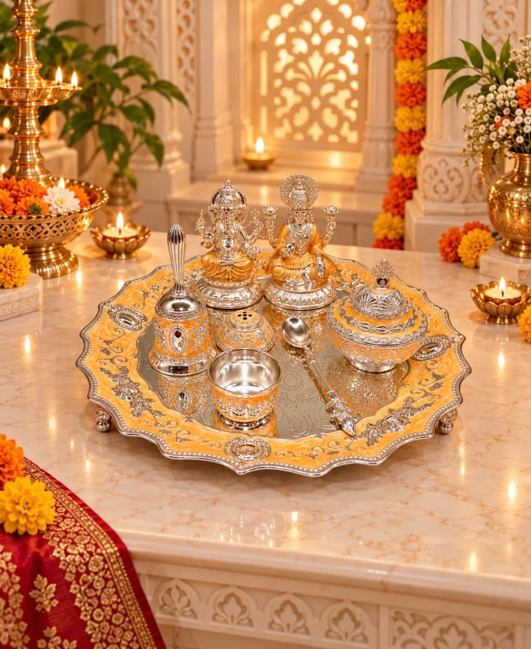 German Silver Lakshmi Ganesh Pooja Thali (Set of 6) – Pearl Orange Enamel — 3