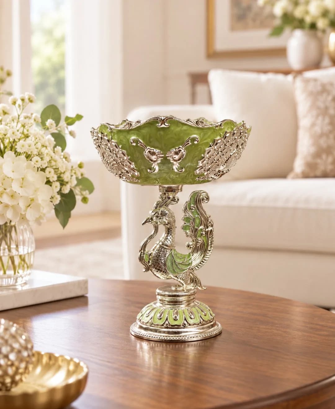 German Silver Peacock Pedestal Bowl – Mint Green Enamel — 1
