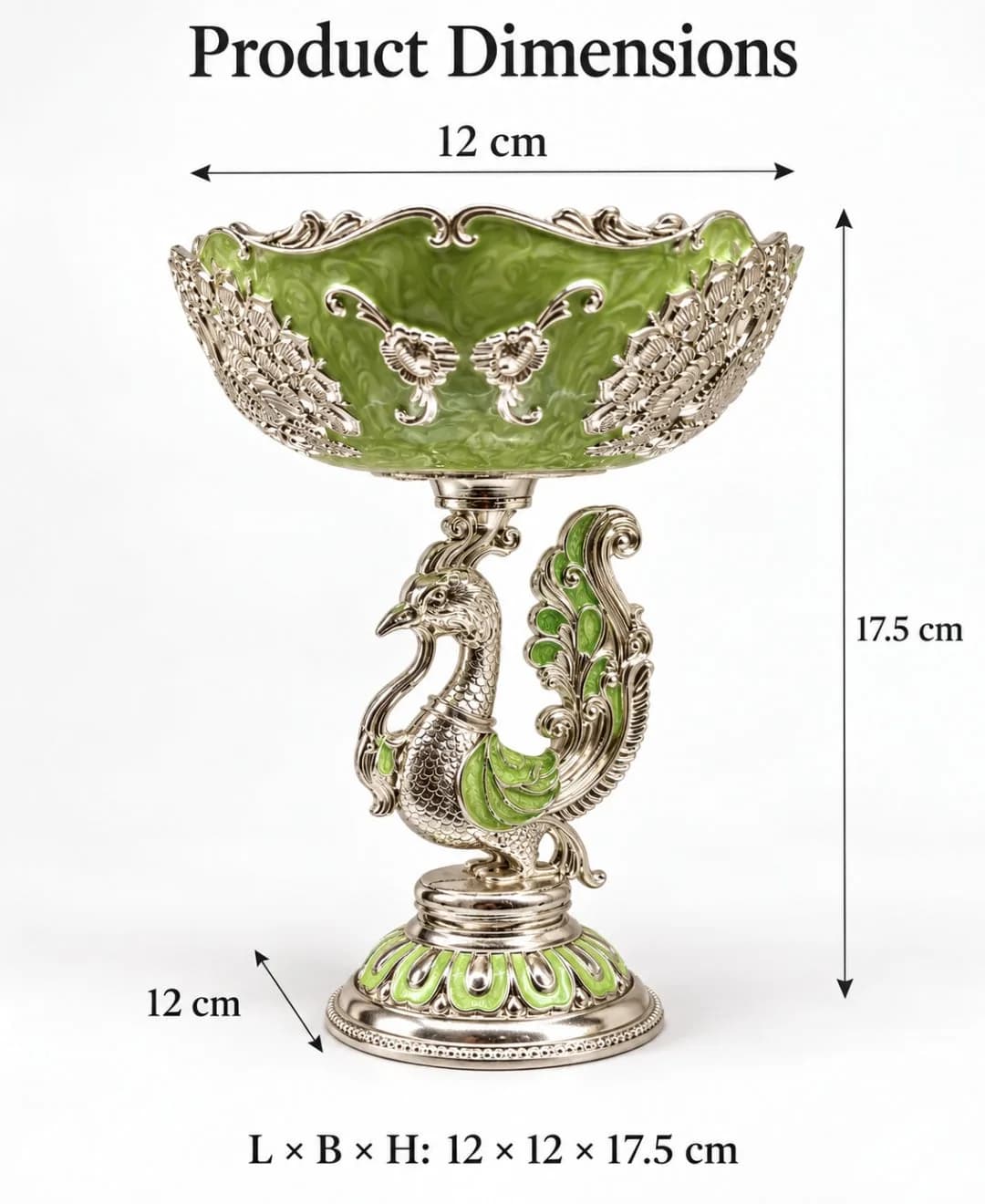 German Silver Peacock Pedestal Bowl – Mint Green Enamel — 4