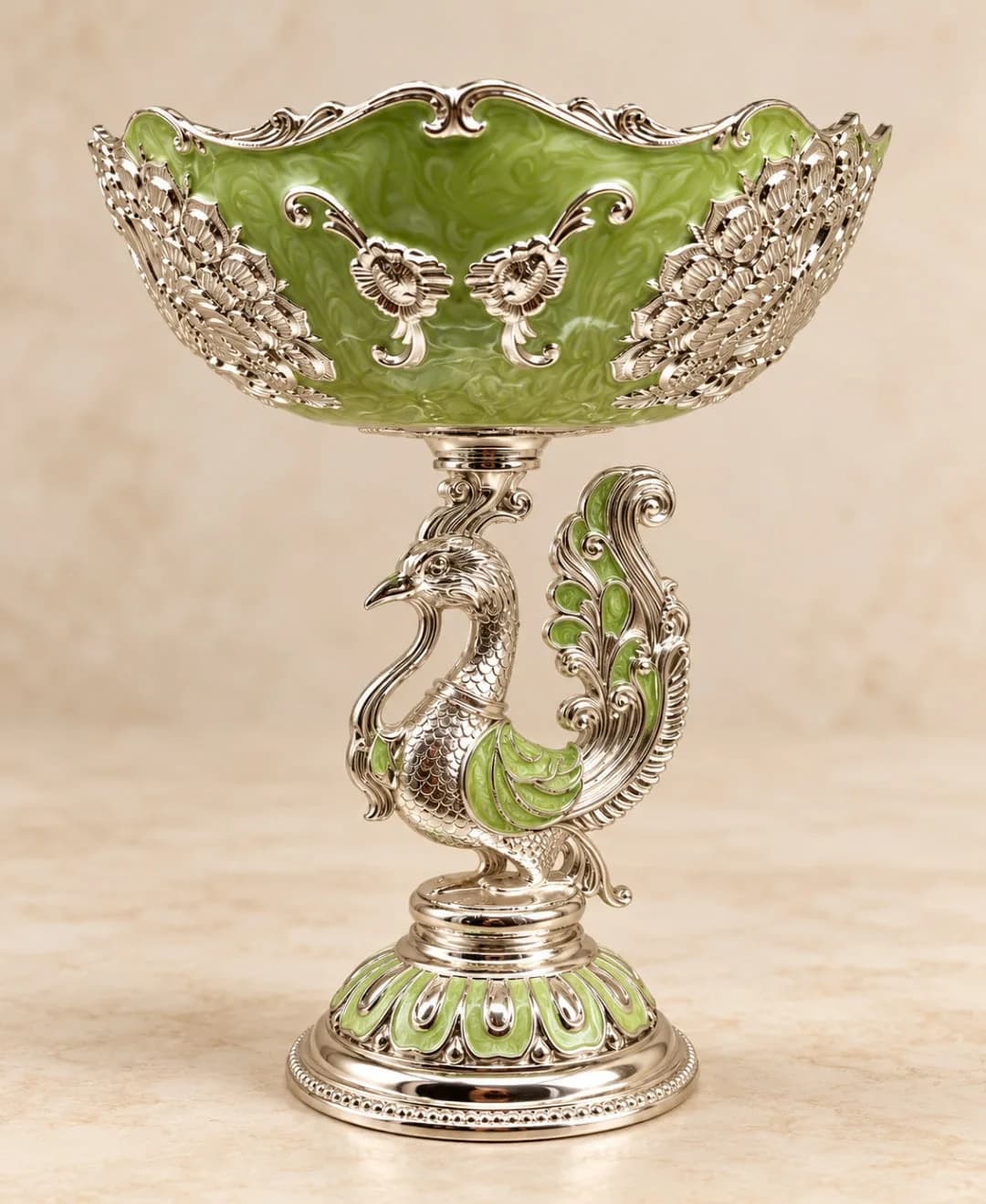 German Silver Peacock Pedestal Bowl – Mint Green Enamel — 2