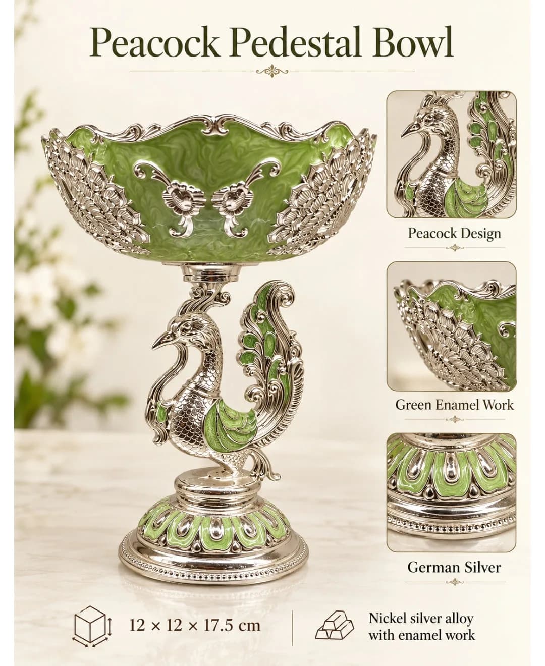 German Silver Peacock Pedestal Bowl – Mint Green Enamel — 3