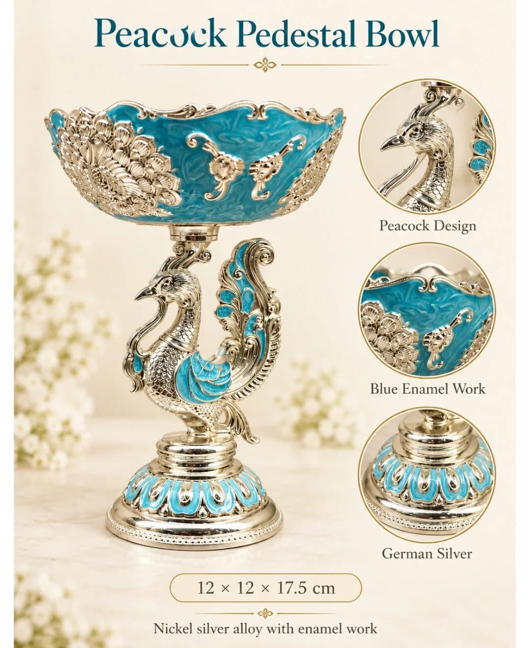 German Silver Peacock Pedestal Bowl – Sky Blue Enamel — 2