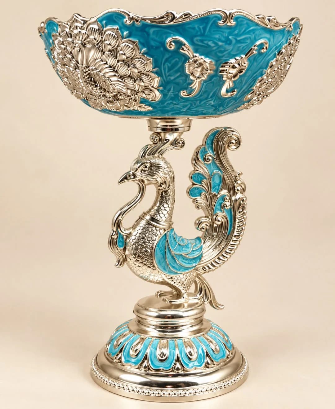 German Silver Peacock Pedestal Bowl – Sky Blue Enamel — 3