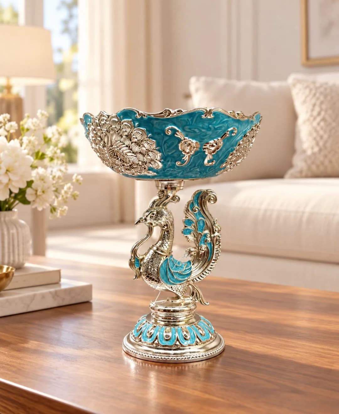 German Silver Peacock Pedestal Bowl – Sky Blue Enamel — 1