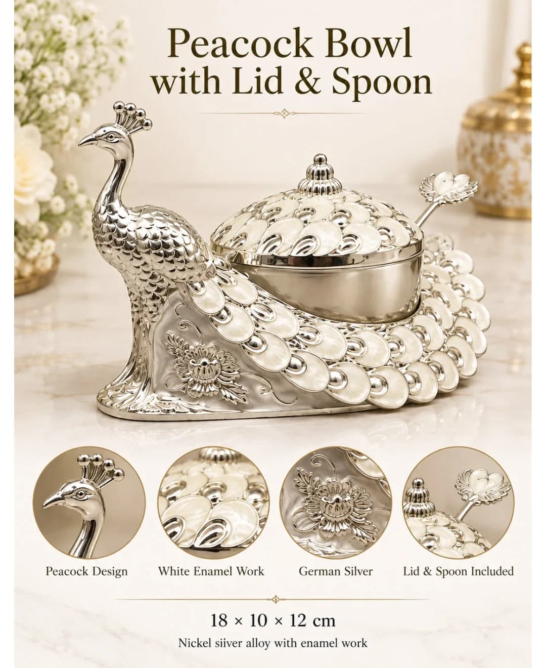 German Silver Peacock Bowl with Lid & Spoon – Pearl White Enamel — 2