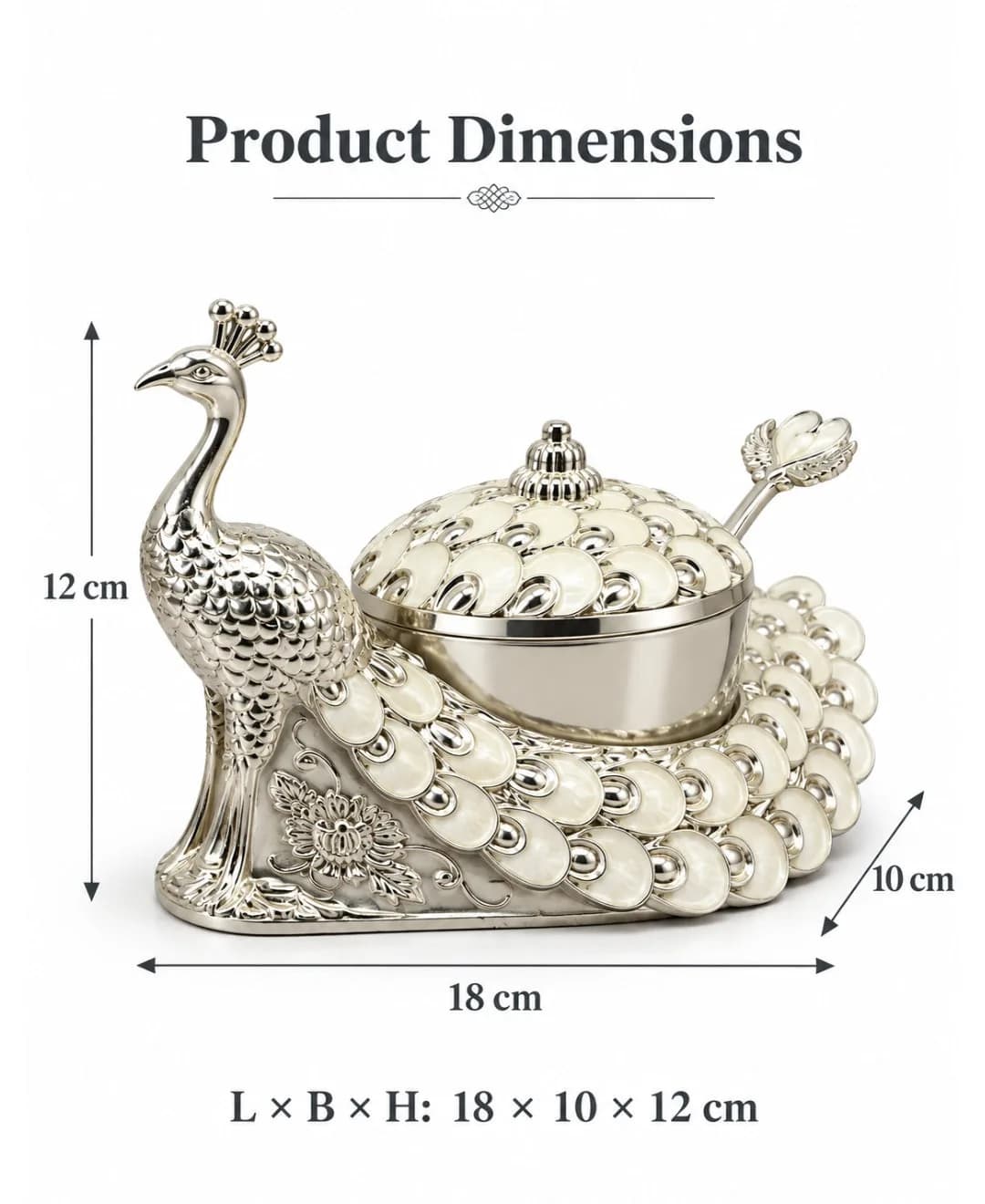 German Silver Peacock Bowl with Lid & Spoon – Pearl White Enamel — 4