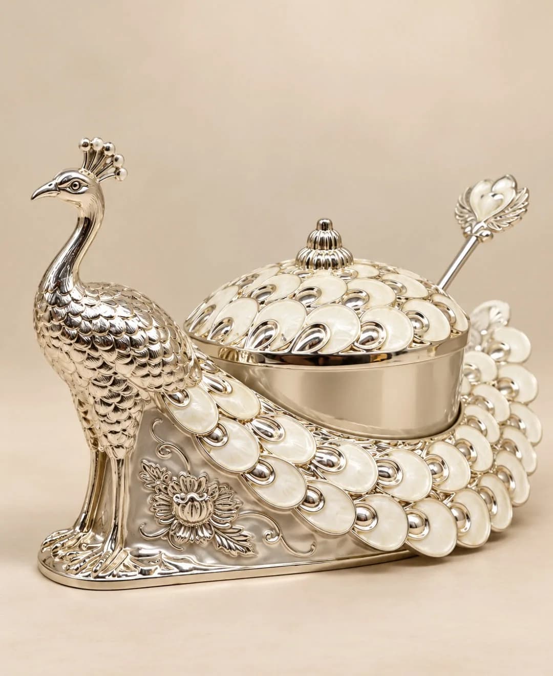German Silver Peacock Bowl with Lid & Spoon – Pearl White Enamel — 3