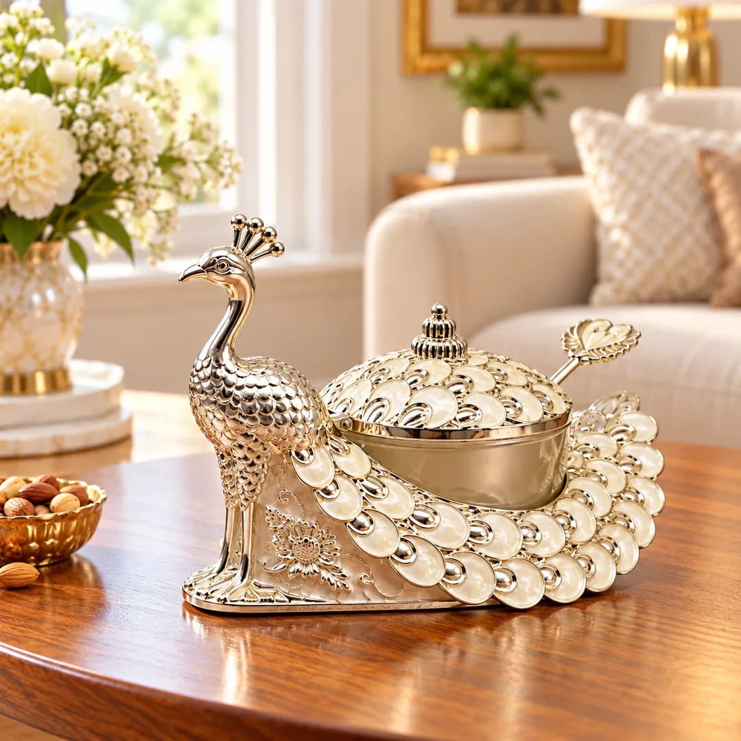 German Silver Peacock Bowl with Lid & Spoon – Pearl White Enamel — 1