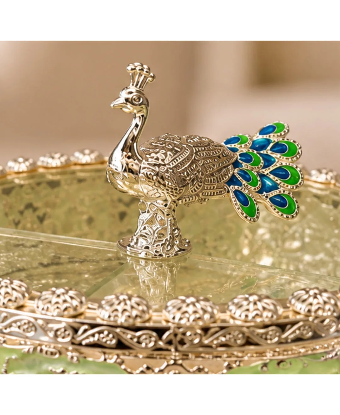 German Silver Peacock Dry Fruit Box - Mint Green Enamel — 3