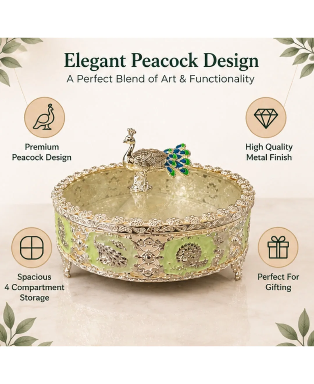 German Silver Peacock Dry Fruit Box - Mint Green Enamel — 2