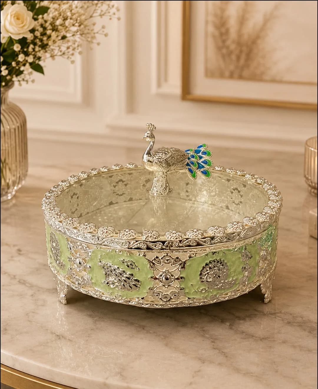 German Silver Peacock Dry Fruit Box - Mint Green Enamel — 1