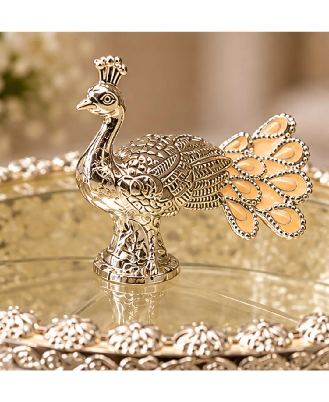 German Silver Peacock Pedestal Bowl – Mint Orange Enamel — 3