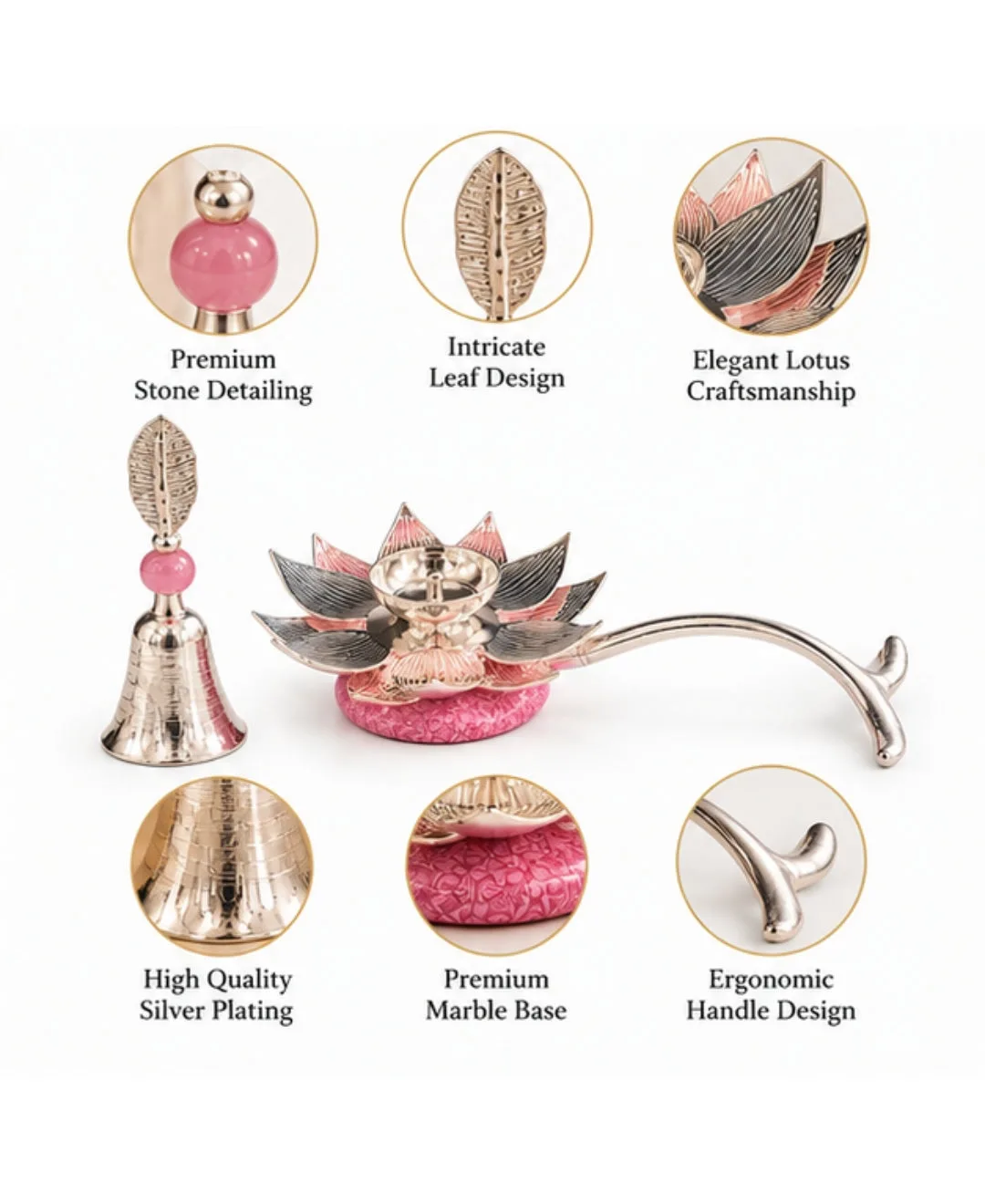 Lotus Hand Aarti Diya & Pooja Bell Gift Set – Lilac Pink Accents — 3