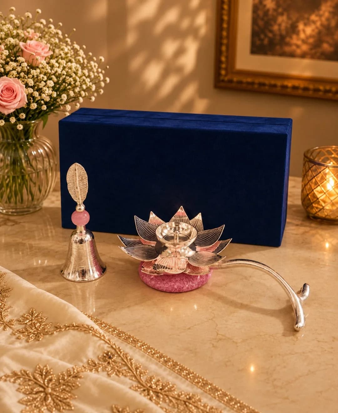 Lotus Hand Aarti Diya & Pooja Bell Gift Set – Lilac Pink Accents — 1