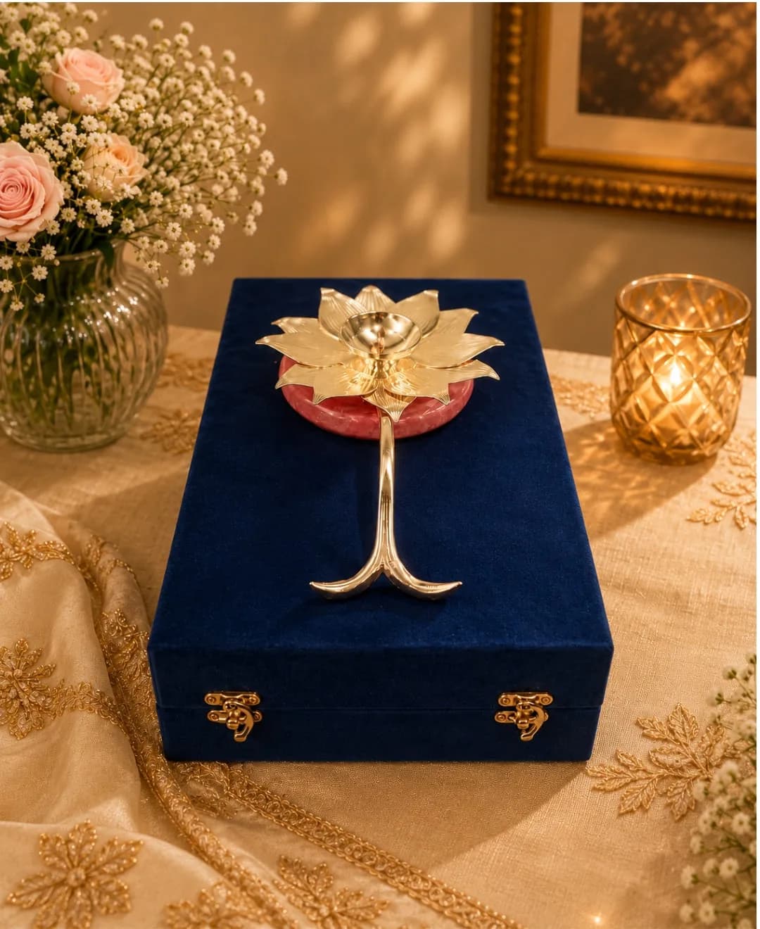 Lotus Hand Aarti Diya – Lilac Pink Base — 1