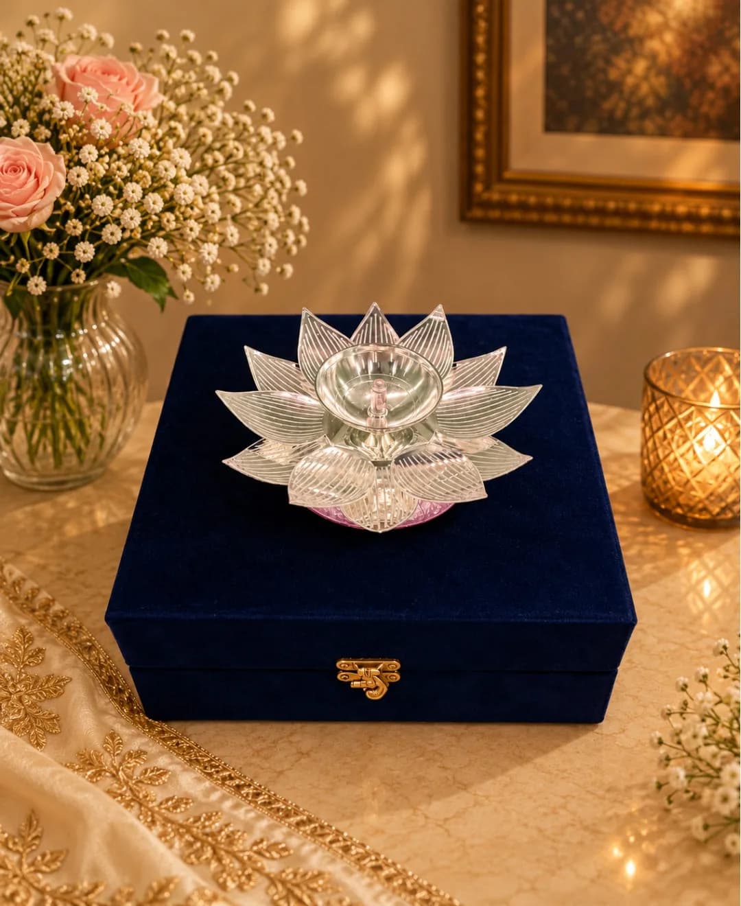 Kamal Jyoti Diya with Gift Box – lilac pink Base — 1