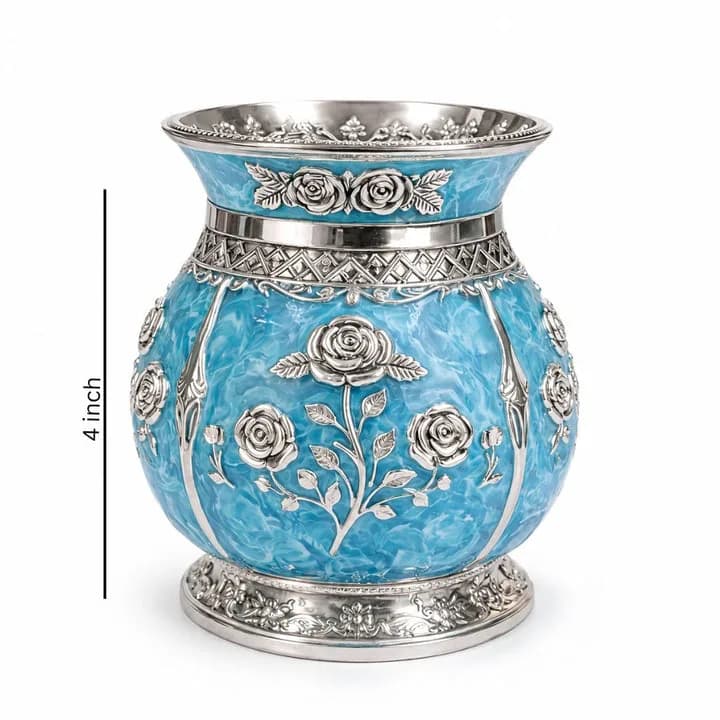 German Silver Floral Kalash with Sky Blue Enamel Work — 6