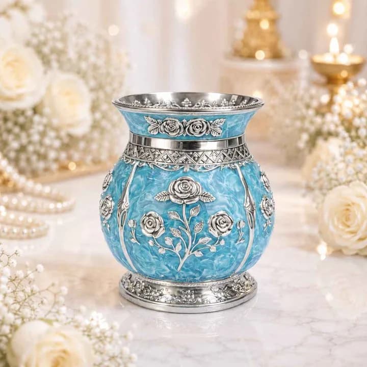 German Silver Floral Kalash with Sky Blue Enamel Work — 4