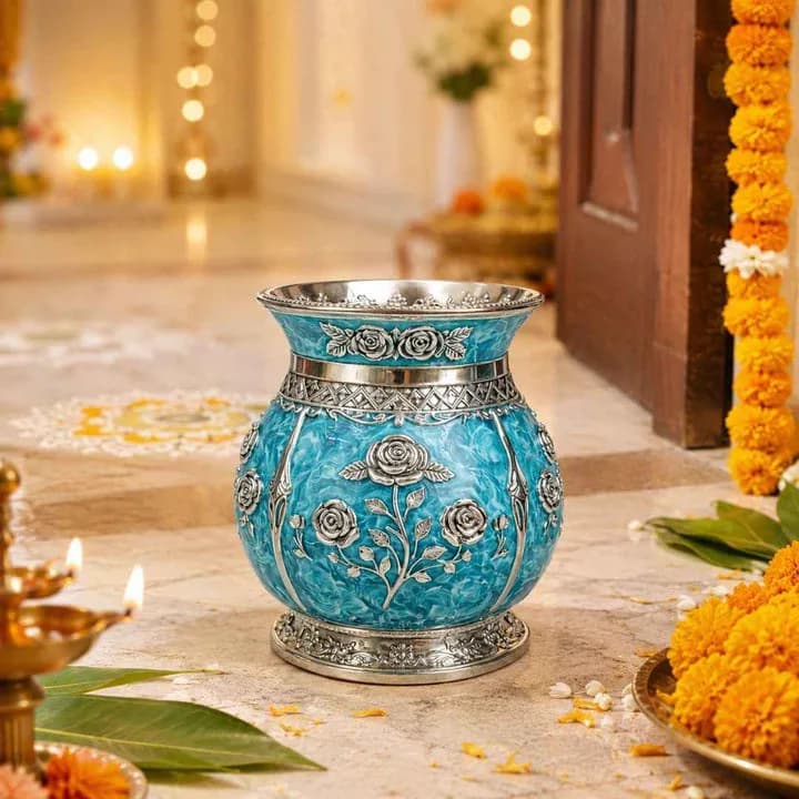 German Silver Floral Kalash with Sky Blue Enamel Work — 5