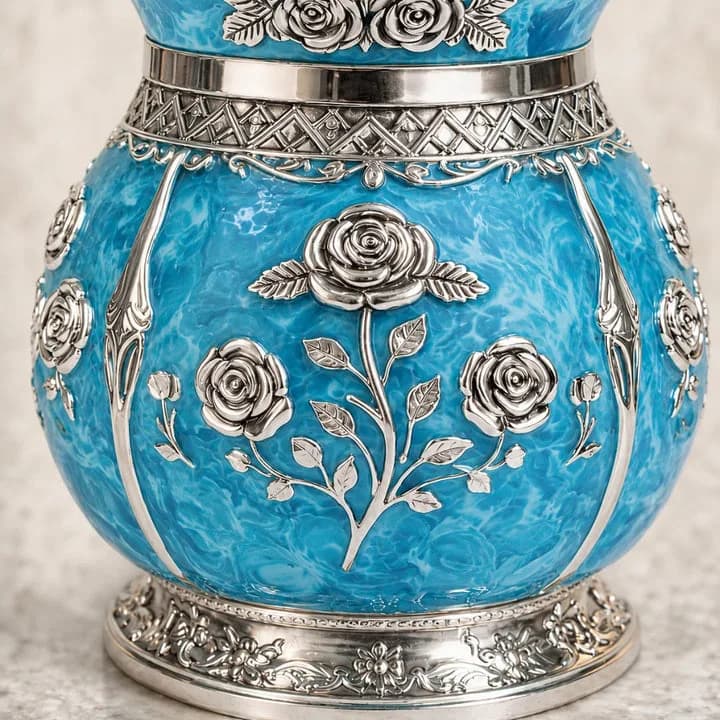 German Silver Floral Kalash with Sky Blue Enamel Work — 8