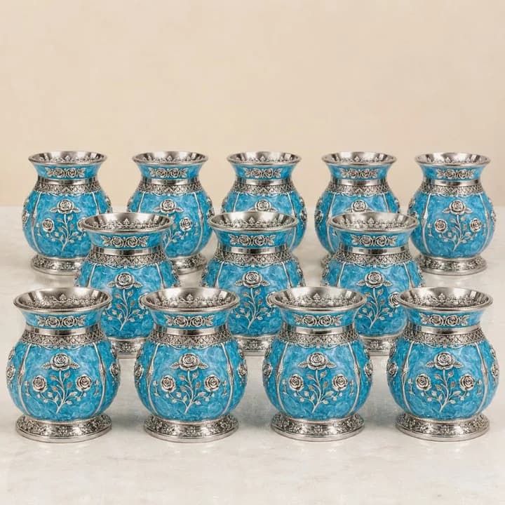 German Silver Floral Kalash with Sky Blue Enamel Work — 3