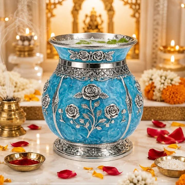 German Silver Floral Kalash with Sky Blue Enamel Work — 7