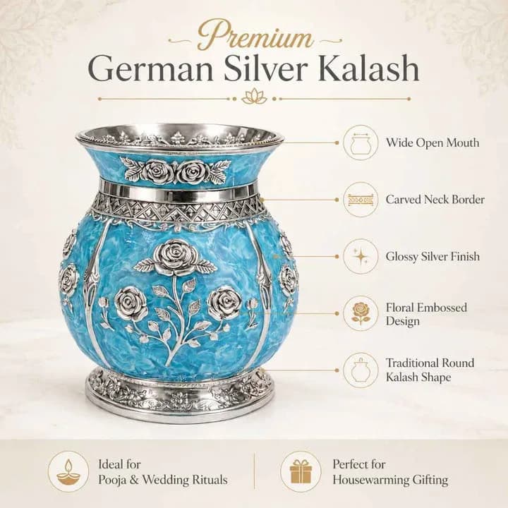 German Silver Floral Kalash with Sky Blue Enamel Work — 2