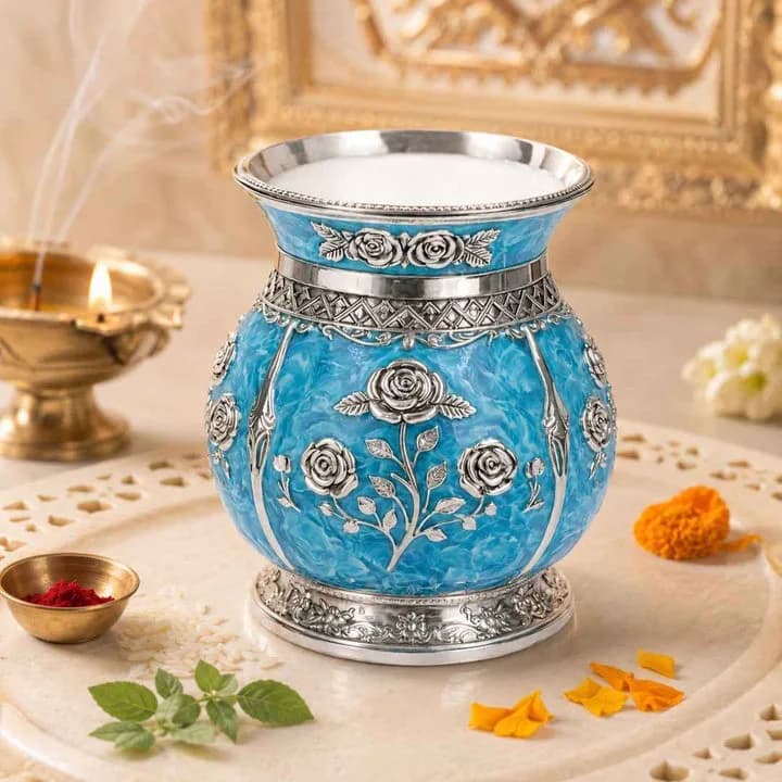 German Silver Floral Kalash with Sky Blue Enamel Work — 1