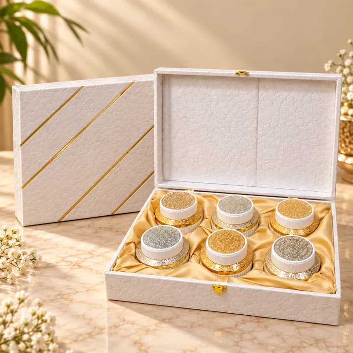 White & Gold Textured 6-Jar Luxury Festive Gift Box – Pack of 5 (13.5 x 9.5 x 4 Inches) — 1