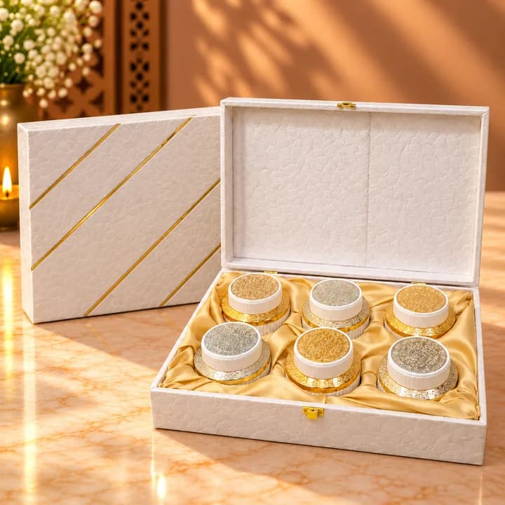 White & Gold Textured 6-Jar Luxury Festive Gift Box – Pack of 5 (13.5 x 9.5 x 4 Inches) — 2