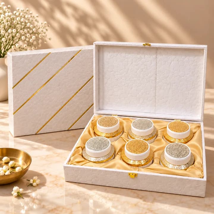 White & Gold Textured 6-Jar Luxury Festive Gift Box – Pack of 5 (13.5 x 9.5 x 4 Inches) — 3