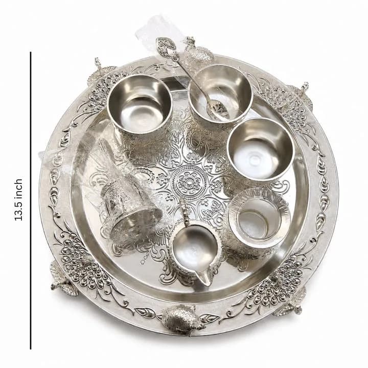 Premium German Silver Serving Set with Embossed Round Tray for Festive Gifting & Pooja Use — 2