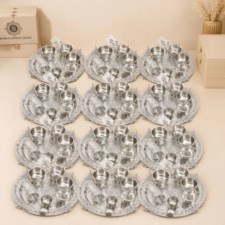 Premium German Silver Serving Set with Embossed Round Tray for Festive Gifting & Pooja Use — 3