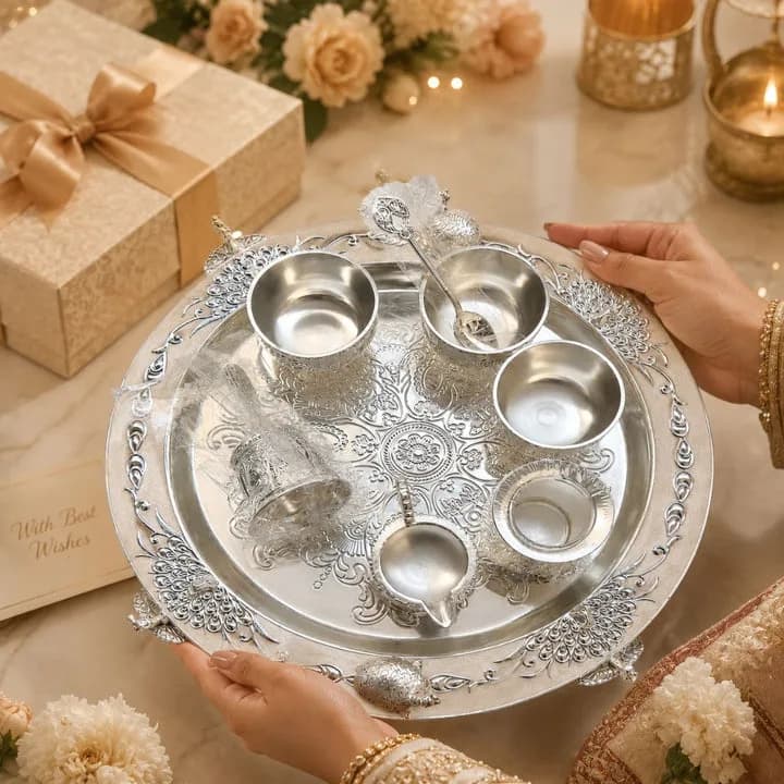 Premium German Silver Serving Set with Embossed Round Tray for Festive Gifting & Pooja Use — 9