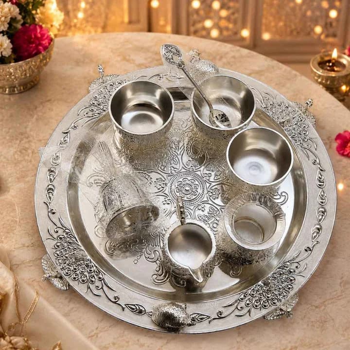 Premium German Silver Serving Set with Embossed Round Tray for Festive Gifting & Pooja Use — 6