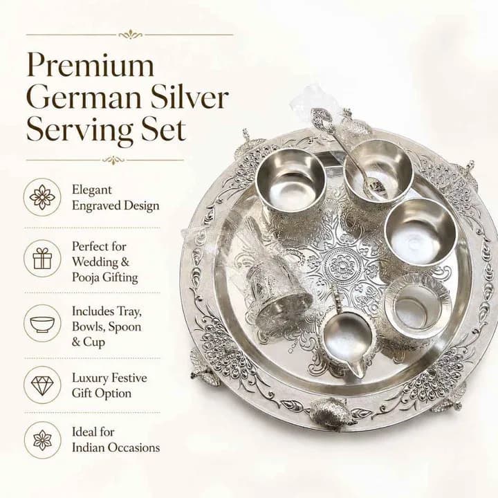 Premium German Silver Serving Set with Embossed Round Tray for Festive Gifting & Pooja Use — 4