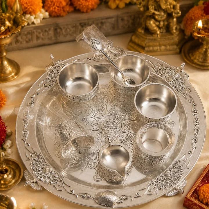 Premium German Silver Serving Set with Embossed Round Tray for Festive Gifting & Pooja Use — 5