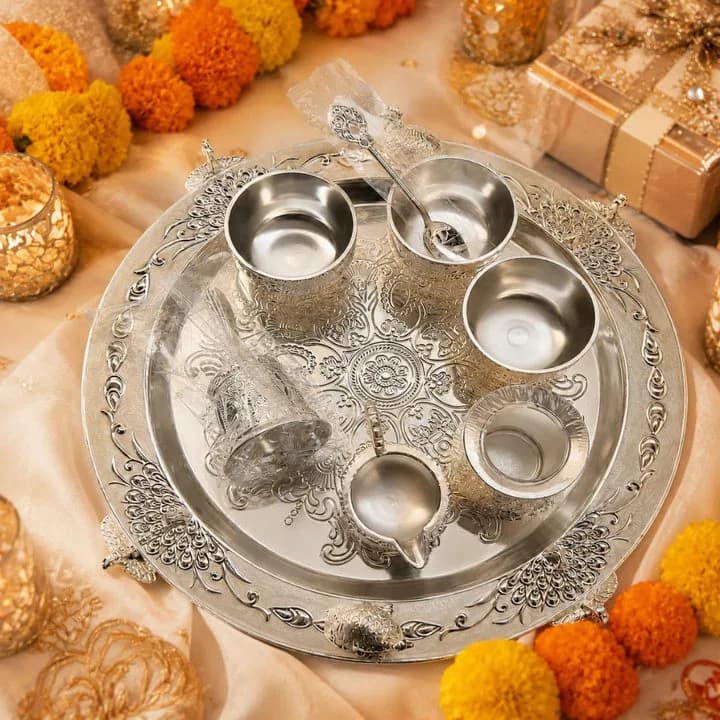 Premium German Silver Serving Set with Embossed Round Tray for Festive Gifting & Pooja Use — 1
